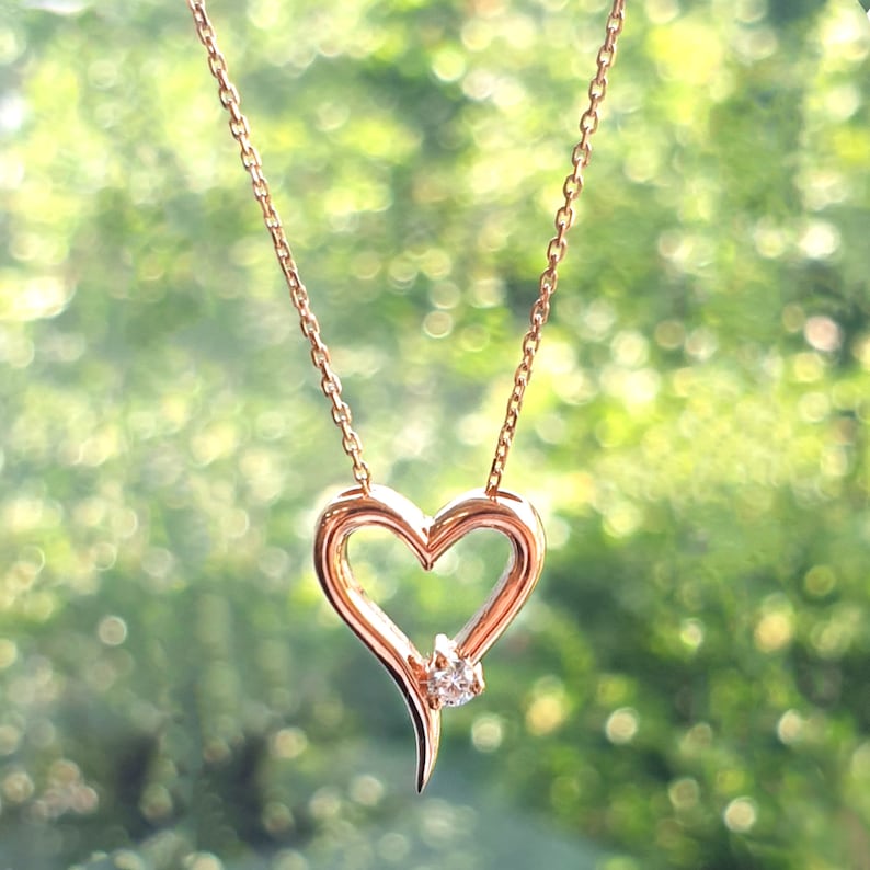 Dainity Necklace Handmade Diamond 14k Rose Gold Open Heart Necklace Solid Rose Gold Heart Necklace Gift for Her Diamond Heart Necklace