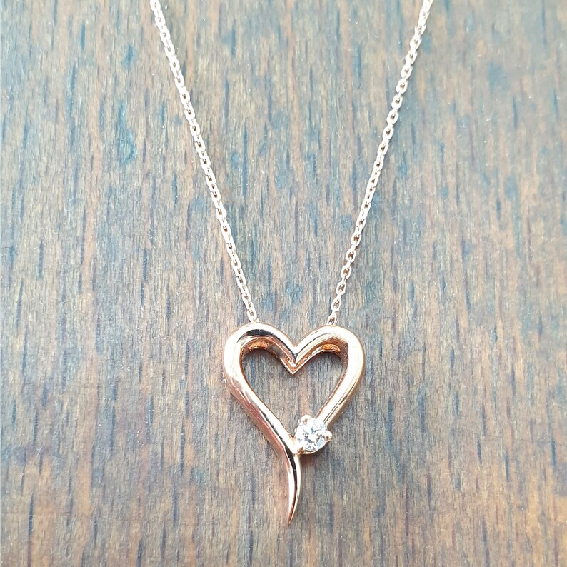 Dainity Necklace Handmade Diamond 14k Rose Gold Open Heart Necklace Solid Rose Gold Heart Necklace Gift for Her Diamond Heart Necklace