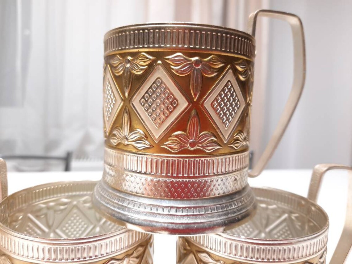 Vintage Russian Tea Cup Metal Holders Brand New Goldened Set Etsy