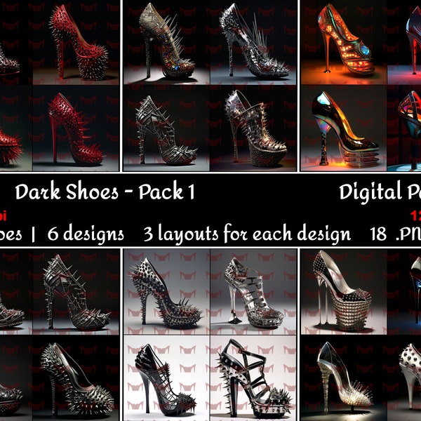 Dark Shoes Pack 1 - Digital Paper | Medieval Stilettos | Woman’s Shoes Concept Art | Wall Art | Wrapping Paper | Neon Shoes | New Wave Shoes