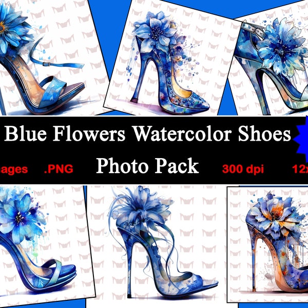 Blue Flowers Watercolor Shoes Photo Pack #1 | 30 Abstract Women’s Shoes | Stilettos to Exotic Dancer | Scrapbooking Digital Paper | Wall Art