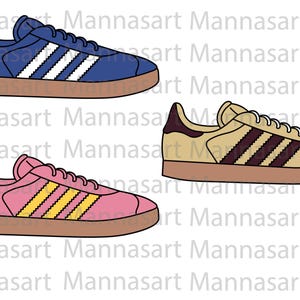 May include: Three pairs of sneakers in different colors. The first pair is blue with white stripes, the second pair is beige with brown stripes, and the third pair is pink with yellow stripes.