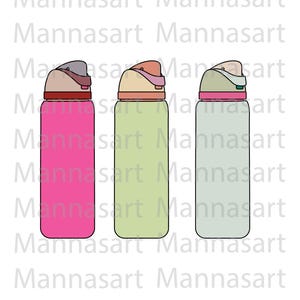 May include: Three reusable water bottles with different colored lids and bodies. The bottles are pink, green, and light blue.