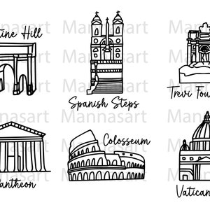 Roma Italia Travel Landmark SVG y PNG Pack, (diseños recortables svg, coliseo, fuente de trevi, pasos españoles, Ciudad del Vaticano, panteón)