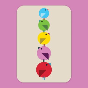 Cartoline di raccolta di uccelli / formato A6 / Cartoline d'auguri di uccelli impilati / Design grafico moderno / Illustrazione di cartoni animati / Natura selvaggia