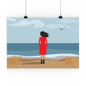 Uitwaaien | Wydruk artystyczny Giclée | Dekoracja ścienna | Ilustracja oceanu | Wiatr Woda Piasek Chmury Plaża | Świeże powietrze | Czysta głowa | Relaks