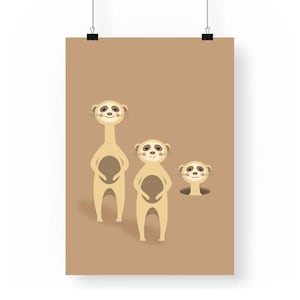 Stokstaartjes | Giclée poster print | Mangoest cartoon illustratie | Dieren familie portret | Grappige kinderkamer poster | Afrika
