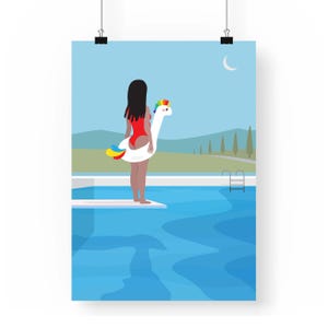Meisje staat klaar om in het zwembad te springen met haar opblaasbare eenhoorn zwemband | Giclée poster print | Duiken Zwem illustratie