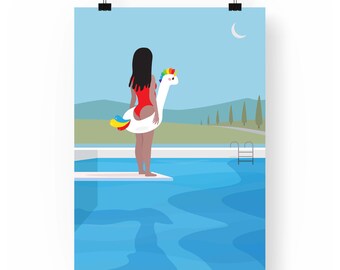 Unicorn Pool Float Art Print: Girl Diver Illustration (Giclée Print)