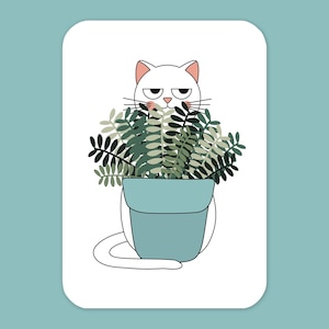 Cartolina - Non sembrare sospetto / Formato A6 / Illustrazione di un gatto bianco / Gatto bianco nascosto dietro una pianta