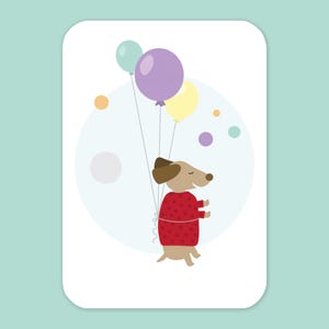 Postal de cumpleaños de perro / Tamaño A6 / Tarjeta de felicitación / Ilustración de perro con globo / Dulce tarjeta de felicitación