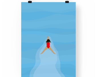 Swimmer Art Print: Blue Pool Illustration, Summer Wall Decor, Just Keep Swimming