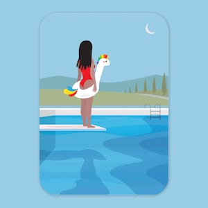 Postkarte - Einhorn Schwimmer | Größe A6 | Schwimmerin Illustration | Grußkarte | Kunstdruck klein | Sommer-Karte | Schwimmbad | Blaues Wasser