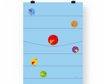 Colorful Birds on a wire Art Print | Giclée Illustration