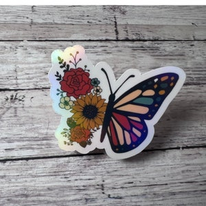 Butterfly Sticker, Butterfly Floral Sticker, Flower Sticker, Sunflower, Cute Sticker, Encouraging Sticker, Beautiful Sticker, Holographic