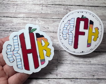 Custom Teacher Monogram, Name Sticker, Monogram Sticker, Custom Name Sticker, Apple Sticker, Pencil Sticker, Leopard Sticker