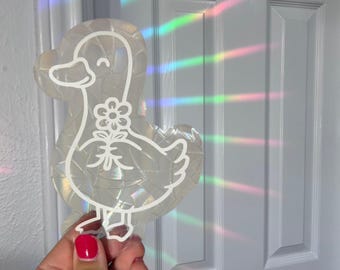 Silly Goose Rainbow Sun Catcher, Porch Goose, Prismatic Window Vinyl Decal