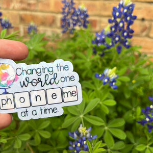May include: A sticker with a watercolor globe and the text "Changing the world one phoneme at a time."