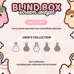 May include: A digital graphic for a blind box stream widget featuring the text BLIND BOX stream widget, COLLECTION, and USER'S COLLECTION. It displays a row of five small blob character icons, with two colored and three greyed out with question marks.