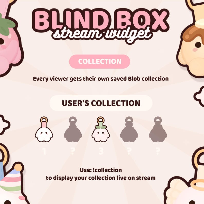 May include: A digital graphic for a blind box stream widget featuring the text BLIND BOX stream widget, COLLECTION, and USER'S COLLECTION. It displays a row of five small blob character icons, with two colored and three greyed out with question marks.