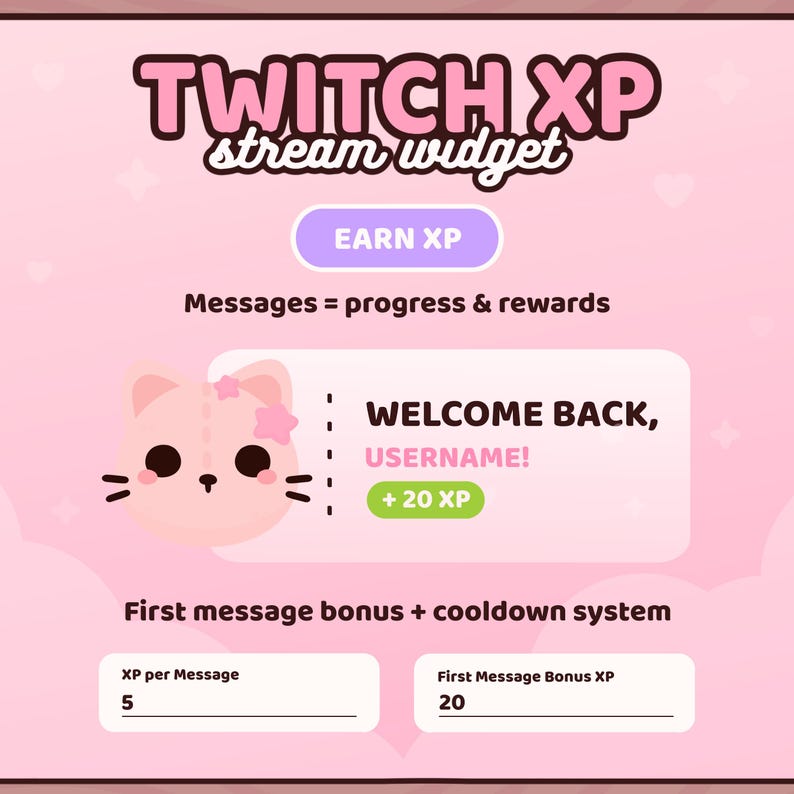 K&ouml;nnte beinhalten: Eine rosa und wei&szlig;e Twitch XP Stream Widget Grafik. Der Text lautet "TWITCH XP stream widget" und "EARN XP". Eine Cartoon-Katze ist abgebildet, zusammen mit dem Text "WELCOME BACK, USERNAME! + 20 XP".
