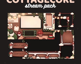 May include: Cottagecore stream pack with customizable overlays and animated screens. The pack features a brown wooden frame with a black background and a variety of overlays, including a chat box, about me section, and contact section. The overlays are decorated with mushrooms, flowers, and greenery.