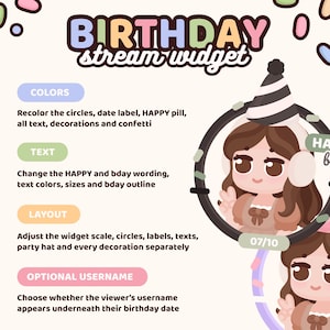 May include: A digital birthday stream widget graphic featuring customizable elements like colors, text, layout, and username options. The design includes a cartoon character in a party hat, confetti, and text labels for colors, text, layout, and username.