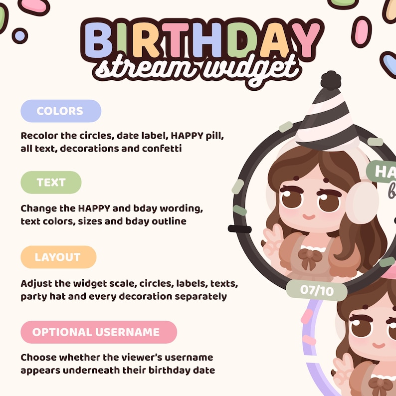 May include: A digital birthday stream widget graphic featuring customizable elements like colors, text, layout, and username options. The design includes a cartoon character in a party hat, confetti, and text labels for colors, text, layout, and username.