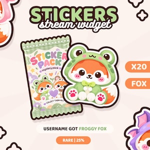 Peut inclure: Un widget de flux numérique affichant un paquet de stickers mystère et un renard portant une capuche de grenouille verte. Le texte indique STICKERS stream widget, STICKER PACK mystery pack, COLLECT THEM ALL, USERNAME GOT FROGGY FOX, X20, FOX, et RARE | 25%.