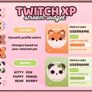 K&ouml;nnte beinhalten: Ein rosa Grafik mit dem Text "TWITCH XP stream widget". Es zeigt Profilkarten mit Tieravataren, darunter ein Fuchs und ein Panda. Die Karten zeigen Benutzernamen, Level und XP-Fortschritt an. Text beinhaltet "COLORS" und "NAMES".