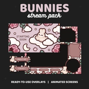 Bunny Stream Package | Animated Screens, Overlays, Alerts, Banner, Offline Screen, Panels | Cozy Kawaii Cute Pink Bunnies Star Moon | TWITCH