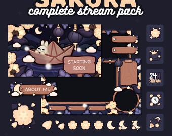 May include: A digital illustration set for Twitch streamers featuring a cute bunny in a paper boat, a moon, and cherry blossoms. The set includes a starting soon screen, a chat screen, a 24-hour stream screen, a about me screen, and a set of reward icons.