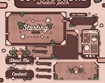 May include: A cottagecore-themed Twitch stream pack with customizable overlays and animated screens. The pack includes a starting soon screen, about me and contact panels, a new follower alert, and a social media panel with icons for YouTube, Twitch, and TikTok.