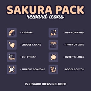 Puede incluir: Un conjunto de 8 iconos coloridos con diferentes dise&ntilde;os, cada uno representando una idea de recompensa para un stream. Los iconos incluyen una botella de agua, un l&aacute;piz, un mando de juego, una tarjeta de verdad o atrevimiento, un temporizador de stream de 24 horas, una nube de polvo, un reloj y un garabato de una persona. El texto "SAKURA PACK reward icons" est&aacute; en la parte superior de la imagen. El texto "75 REWARD IDEAS INCLUDED" est&aacute; en la parte inferior de la imagen.