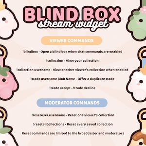 May include: A digital graphic titled BLIND BOX stream widget featuring viewer and moderator commands. The text lists commands like !blindbox, !collection, !trade, !resetuser, and !resetallcollections. The design includes cartoon blob characters.