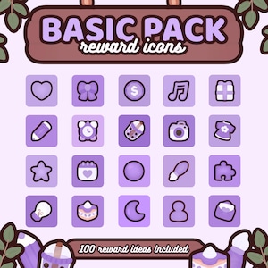 May include: A digital graphic featuring a collection of purple reward icons. The icons include a heart, bow, dollar sign, musical note, gift, pencil, alarm clock, boba drink, camera, t-shirt, star, calendar, circle, paintbrush, puzzle piece, lightbulb, cake, moon, person, and envelope. Text reads "BASIC PACK reward icons" and "100 reward ideas included."