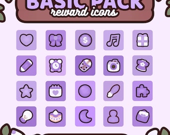 20x paars basisbeloningspictogrampakket / kanaalpuntbeloningspictogrammen | 100x beloningsideeën en uitdagingen | Kawaii / Gezellig / Schattig / Leuk | TWITCH