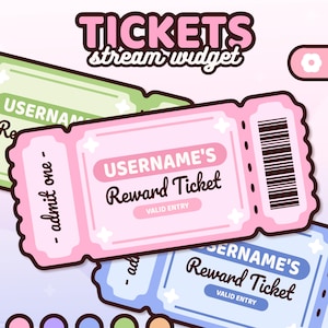 May include: A digital stream widget graphic featuring three rectangular reward tickets in pink, light green, and light blue. Each ticket displays the text "USERNAME's Reward Ticket", "VALID ENTRY", "admit one", and a barcode. The header reads "TICKETS stream widget".