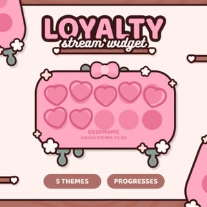 Może przedstawiać: Różowo-brązowa grafika z napisem "LOYALTY stream widget". Projekt zawiera różowe serca, kwiaty oraz słowa "5 THEMES" i "PROGRESSES".