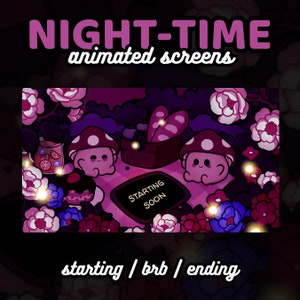 3x Animated Kawaii Mushroom Night-time Picnic Twitch Screens | Starting Soon, Be Right Back, Ending Soon