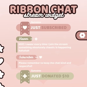 Peut inclure: Un widget de chat pour streaming numérique dans des tons rose et vert sauge. Le texte indique RIBBON CHAT stream widget, JUST SUBSCRIBED, Viewer, Subscriber et JUST DONATED $10, avec des exemples de messages et des icônes en forme de ruban.