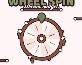 May include: A digital graphic of a wheel spin stream widget. The wheel is brown with white sections, featuring options like 'Cosplay' and 'Giveaway'. The text 'WHEEL SPIN stream widget' is at the top, with additional text at the bottom.