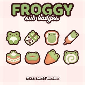 Könnte beinhalten: Satz von neun Twitch-Abo-Abzeichen mit Frosch-Motiv in verschiedenen Größen. Die Abzeichen zeigen einen grünen Frosch auf verschiedenen Lebensmitteln, darunter ein Boba-Tee, eine Scheibe Brot, ein Mochi-Stäbchen, ein Kuchen, ein Donut, eine Erdbeere und eine grüne Teerolle. Der Text "FROGGY sub badges" befindet sich oben im Bild.