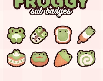 May include: Set of nine frog-themed Twitch sub badges in various sizes. The badges feature a green frog on different food items, including a boba tea, a slice of bread, a mochi stick, a cake, a donut, a strawberry, and a green tea roll. The text "FROGGY sub badges" is at the top of the image.