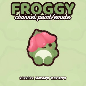 May include: A green frog wearing a pink flower on its head. The frog is smiling and has a white belly. The image is a channel point/emote for Twitch.