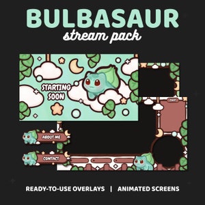 Könnte beinhalten: Ein digitales Stream-Paket mit einem Cartoon-Bulbasaur-Charakter aus dem Pokemon-Franchise. Das Paket enthält einen Startbildschirm, eine Chatbox, "Über mich"- und "Kontakt"-Buttons sowie animierte Bildschirme. Das Design ist grün, braun und weiß mit einem Wolken- und Blatt-Muster.