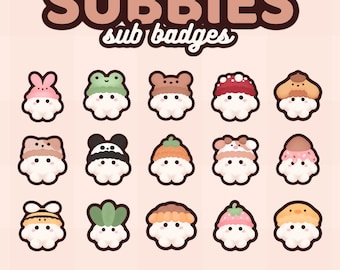 Könnte beinhalten: Ein Set mit 16 bunten Sub-Badges mit niedlichen Comicfiguren, die verschiedene Hüte tragen. Die Badges sind in verschiedenen Größen, darunter 72x72, 36x36 und 18x18 Pixel. Der Text "SUBBIES sub badges" befindet sich oben im Bild.