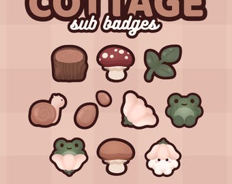 Könnte beinhalten: Ein Set mit 10 Twitch-Abonnenten-Badges im Cottagecore-Stil mit Illustrationen von Pilzen, einer Schnecke, einem Frosch, einem Baumstamm, einem Blatt und einer Blume. Die Badges sind in verschiedenen Größen, mit dem Text "72X72 36X36 18X18PX" am unteren Rand.