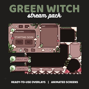Green Witch Stream Package | Animated Screens, Customizable Overlays, Static Alerts, Banner, Offline Screen, Panels | Cottagecore | TWITCH