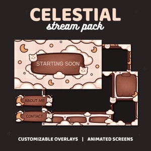 Celestial Moon Cat Stream Package | 3 Animated Screens, 4 Overlays, 8 Static Alerts, Banner, Offline Screen, 22 Panels, 6 Badges | TWITCH